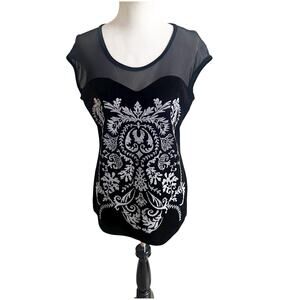 Dressbarn Velvet Beaded Floral Design Sleeveless Tank Sheer Neckline Large Party